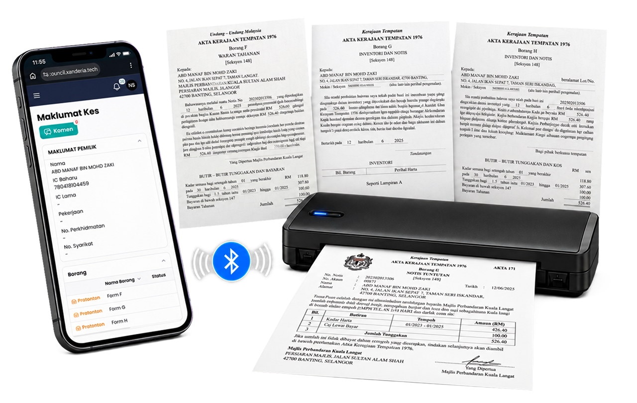 Telefon bimbit bersambung Bluetooth ke pencetak mudah alih, mencetak Borang F, G dan H